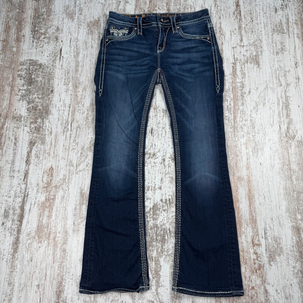 Rock Revival Betty Low Rise Bootcut Jeans Dark Wash Contrast Stitch Sz 27 Bling - Picture 2 of 13